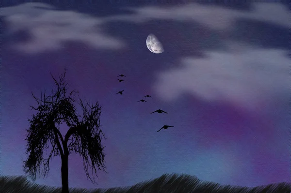 Osamělá Silueta Stromu Ptáci Letí Měsíc Vykreslování — Stock fotografie