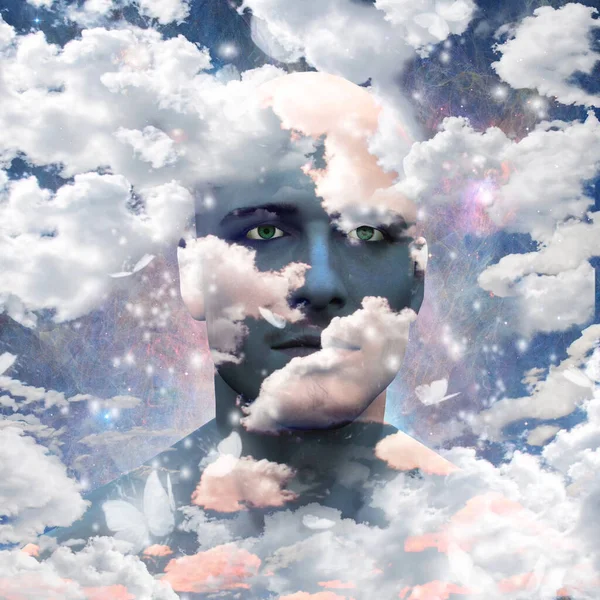 Szürreális Digitális Művészet Ember Feje Pillangókkal Felhőkkel Absztrakt Háttér Renderelés — Stock Fotó