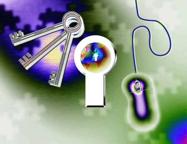 Κλειδιά Υπολογιστής Και Κλειδαρότρυπα Απόδοση — Φωτογραφία Αρχείου