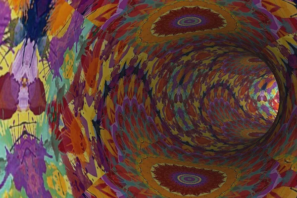 Túnel Abstrato Com Padrão Caleidoscópico Ornamental Salpicos Tinta Nas Paredes — Fotografia de Stock