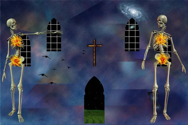 Composição Espiritual Com Esqueletos Sóis Chamas Cruz Janelas Antigas Vida — Fotografia de Stock