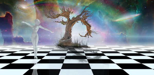 舞者和老树在格格不入的风景中 3D渲染 — 图库照片