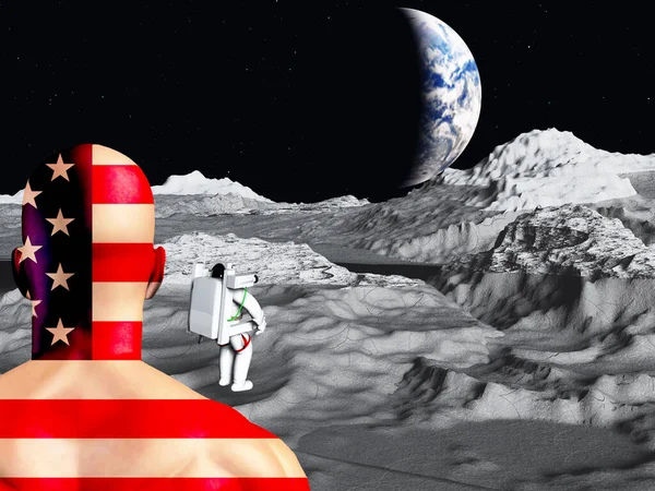 Lunar Astronaut Views Earth Rise — Stock Photo, Image