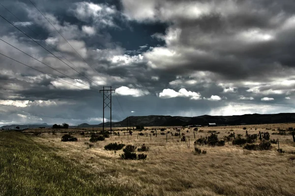 Ländliche Landschaft Feld Gras Strommast — Stockfoto