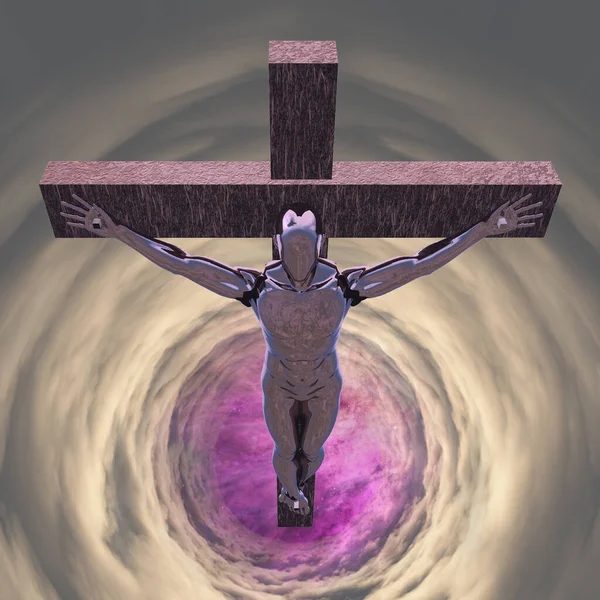 Crucified Silver Cyborg Tunnel Clouds Rendering — Stock Photo, Image