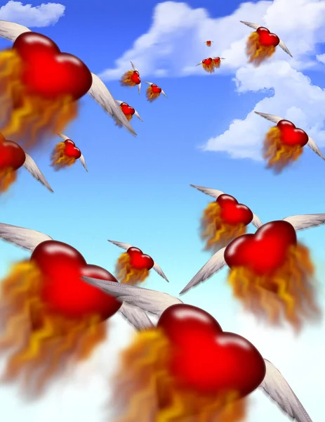 Winged Hearts Fly Formation — Stock Photo, Image