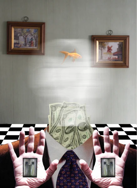 Een Surrealistische Symbolische Compositie Dollar Bankbiljetten Zakenpak Gouden Vis Verlangen — Stockfoto