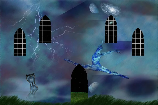 Surreal Landscape Ancient Windows Door Dancer Silhouette Hourglass Rendering — Stock Photo, Image