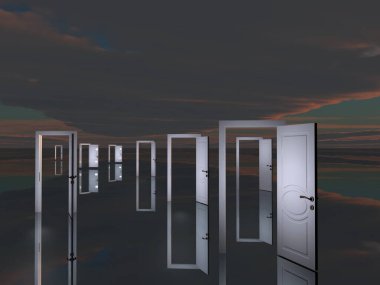 Gerçeküstü manzarada birden fazla açık kapı var. Olasılıklar. 3d oluşturma.