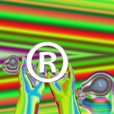 Kayıtlı bir fikir. Ampullü kayıtlı semboller. 3d oluşturma.