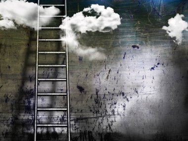 Bulutlu ve merdivenli Grunge kompozisyonu. 3d oluşturma.