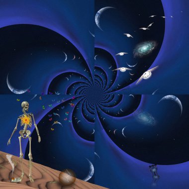 Ölümden sonra. İskelet, kanatlı saatler ve gezegen fraktallı sembolik bileşim. 3d oluşturma.