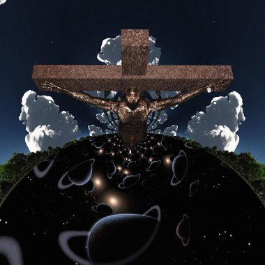 Fraktal boyutta çarmıha gerilmiş sayborg. 3d oluşturma.