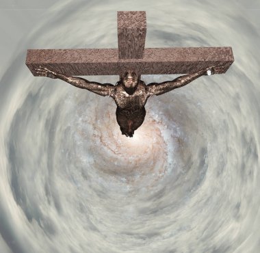 Çarmıha gerilmiş sayborg bulut tünelinde. 3d oluşturma.