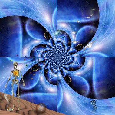 Ölümden sonra. İskelet, kanatlı saatler ve gezegen fraktallı sembolik bileşim. 3d oluşturma.