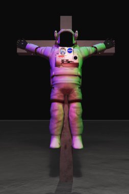 Kurak gezegende çarmıha gerilmiş astronot. 3d oluşturma.