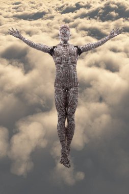 Droid gökyüzünde yükseliyor. Bilim kurgu ve ruhani sahne. 3B görüntüleme.