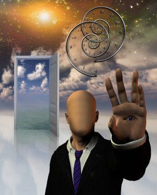 Gökyüzü konsepti resimleme arka planında açık kapı 