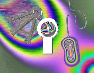 Dünya, anahtarlar, bilgisayar ve anahtar deliği. 3d oluşturma.