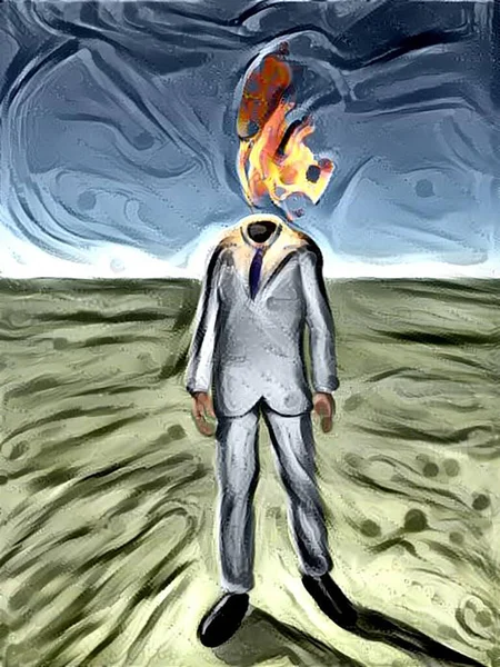 穿着西装 头着火了的人 抽象多彩的超现实绘画 — 图库照片