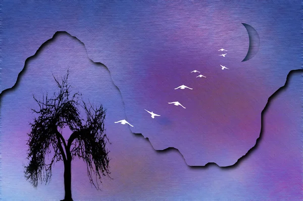 Σύνθεση Σιλουέτα Δέντρου Στα Βουνά Πουλιά Πετάνε Στο Φεγγάρι Μυστικιστική — Φωτογραφία Αρχείου