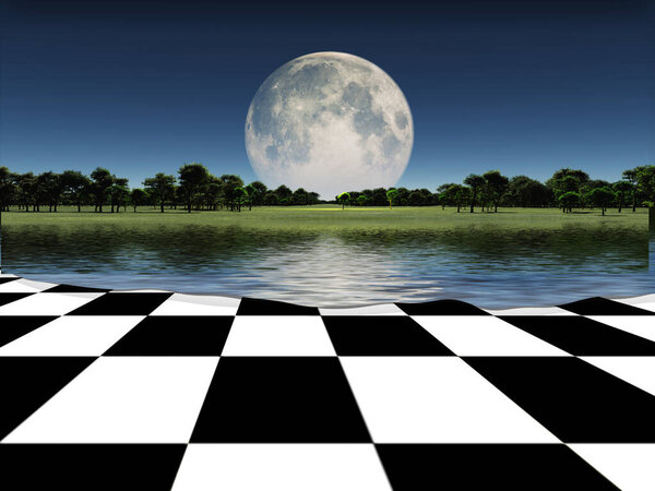 Moon over checkered landscape. 3d rendering.