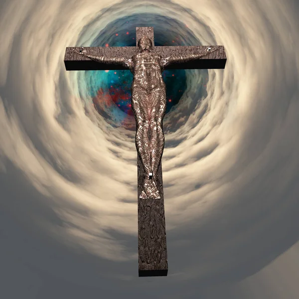 Ciborgue Crucificado Num Túnel Nuvens Renderização — Fotografia de Stock