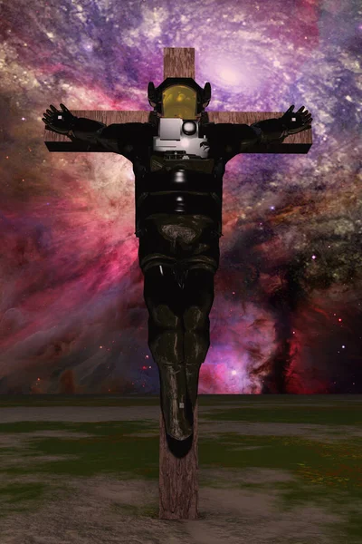 Crucified Astronaut Vivid Space Rendering — Stock Photo, Image