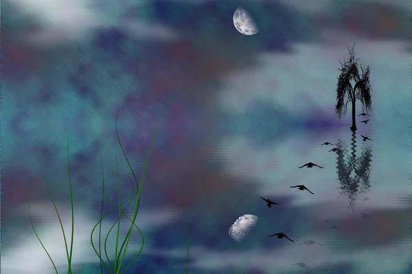 Eenzame Boom Silhouet Vogels Vliegen Naar Maan Destructie — Stockfoto