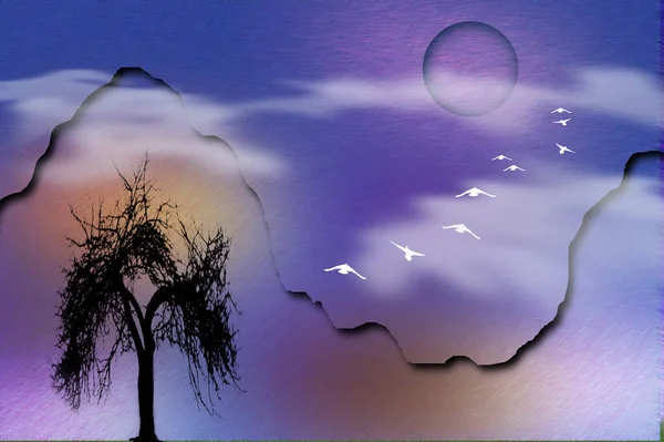 Composition Tree Silhouette Mountains Birds Fly Moon Mystic Nature Rendering — Stock Photo, Image