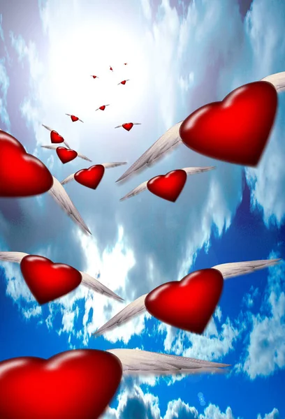 Winged Hearts Fly Formation — Stock Photo, Image