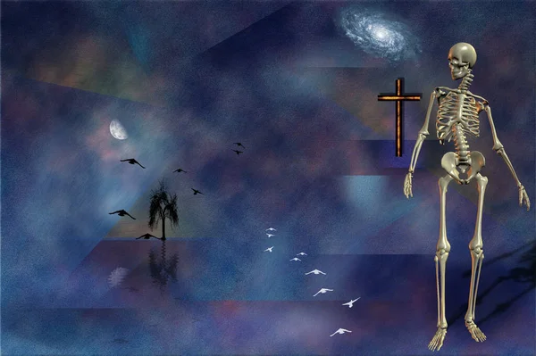 Загробная Жизнь Суммарная Абстрактная Живопись Крест Человеческий Скелет Древесный Силуэт — стоковое фото