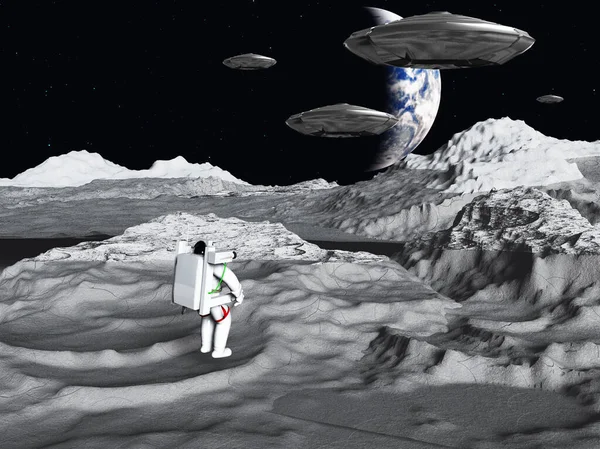 Lunar Astronaut Views Earth Rise — Stock Photo, Image