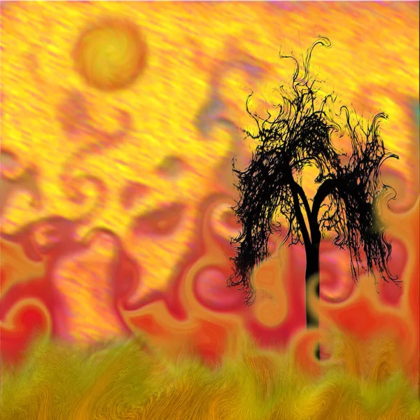 Абстрактная Живопись Пейзаж Деревом Ярким Солнцем — стоковое фото