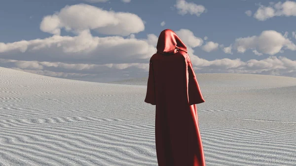 Mysterious Hooded Figure Desert Landscape — Stock Photo, Image