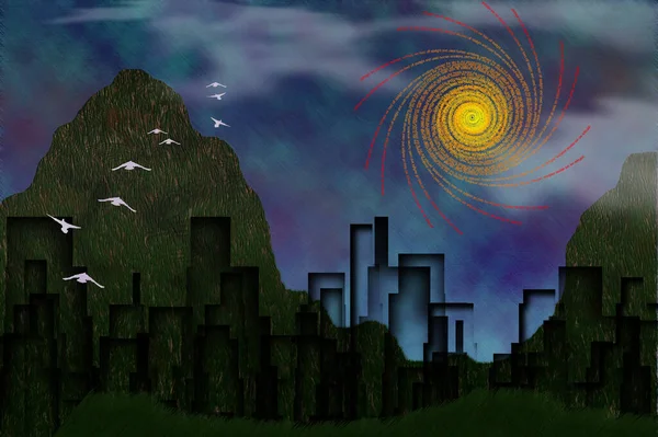 Ψηφιακή Απεικόνιση Φαντασίας Νυχτερινή Πόλη Και Χώρο Για Κείμενο — Φωτογραφία Αρχείου