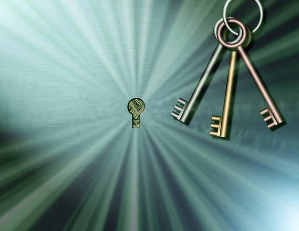 钥匙和钥匙孔3D渲染 — 图库照片