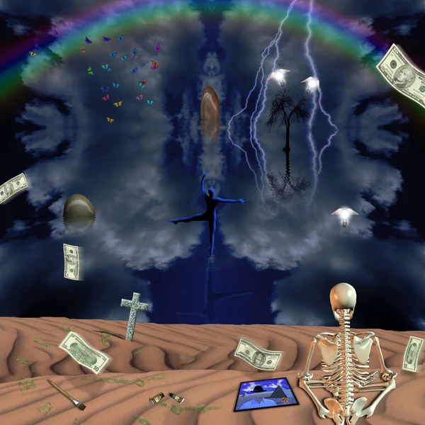 Symbolische Samenstelling Mediterend Skelet Dollar Biljetten Kruis Gevleugelde Gloeilampen Schilderen — Stockfoto