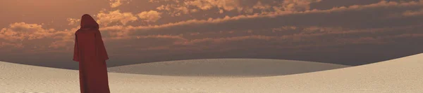 Mysteriöse Kapuzenfigur Wüstenlandschaft — Stockfoto