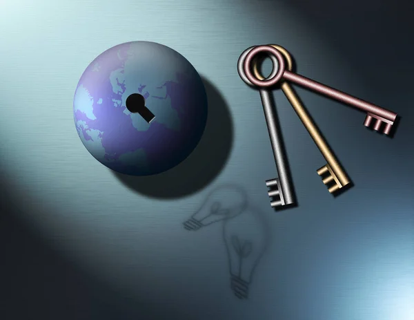 Welt Und Ideen Planet Erde Mit Schlüsselloch Und Schlüsseln Darstellung — Stockfoto