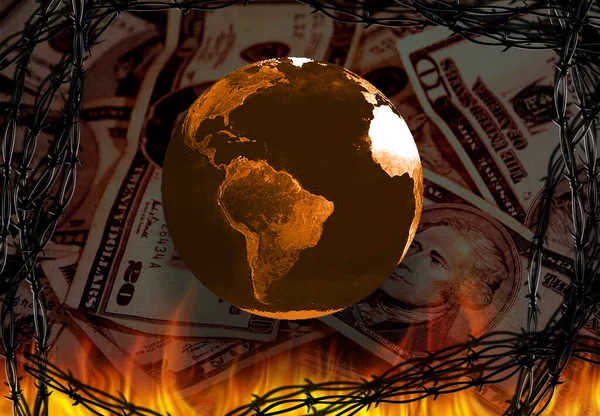 Planeet Aarde Vuur Amerikaanse Dollars Kader Van Prikkeldraad Destructie — Stockfoto