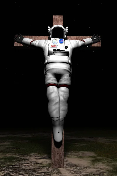 Astronaute Crucifié Dans Paysage Vide Rendu — Photo