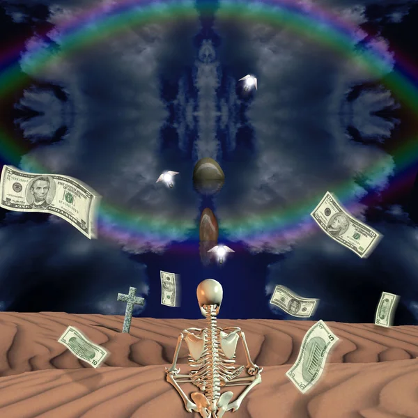Символическая Композиция Смерть Доллара Медитирующий Скелет Доллары Сша Крылатые Лампочки — стоковое фото