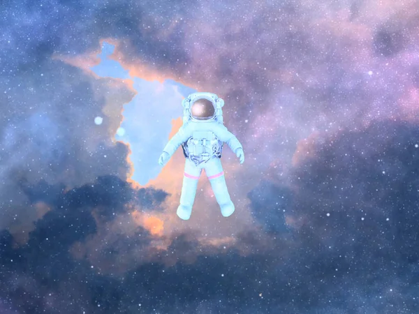 Astronaut Hovers Deep Space Coilorful Nebula Background — Stock Photo, Image