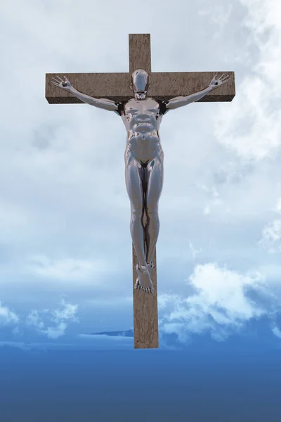 空に十字架につけられた金属製のサイボーグ 3Dレンダリング — ストック写真