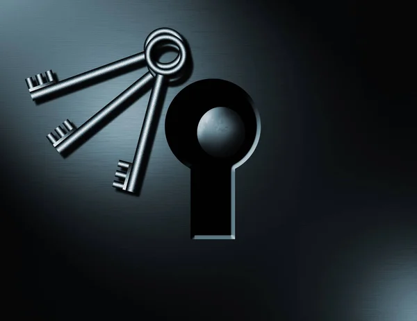 Symbolic Composition Planet Earth Keyhole Keys Rendering — Stock Photo, Image