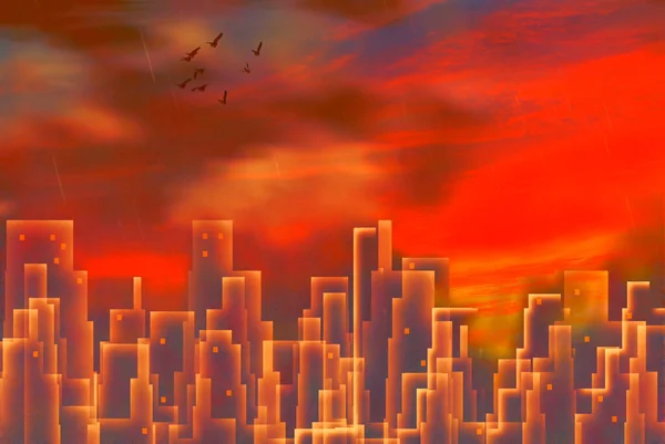 Ηλιοβασίλεμα Τοπίο Της Πόλης Και Πουλιά Πετούν Στον Ουρανό Απόδοση — Φωτογραφία Αρχείου
