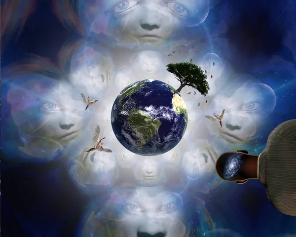 Globus Drzewami Aniołami Ludźmi Myślami Galaktyki Renderowanie — Zdjęcie stockowe