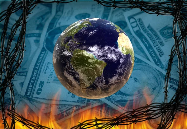 Planet Earth Fire Dollars Barbed Wire Frame Rendering — Stock Photo, Image