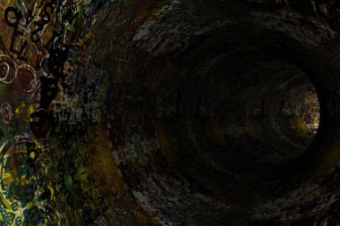 İçinde harfler olan soyut renkli bir tünel. 3D görüntüleme.